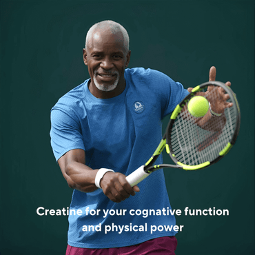Active person over 50 playing tennis, using our creatine for cognitive function and physical power